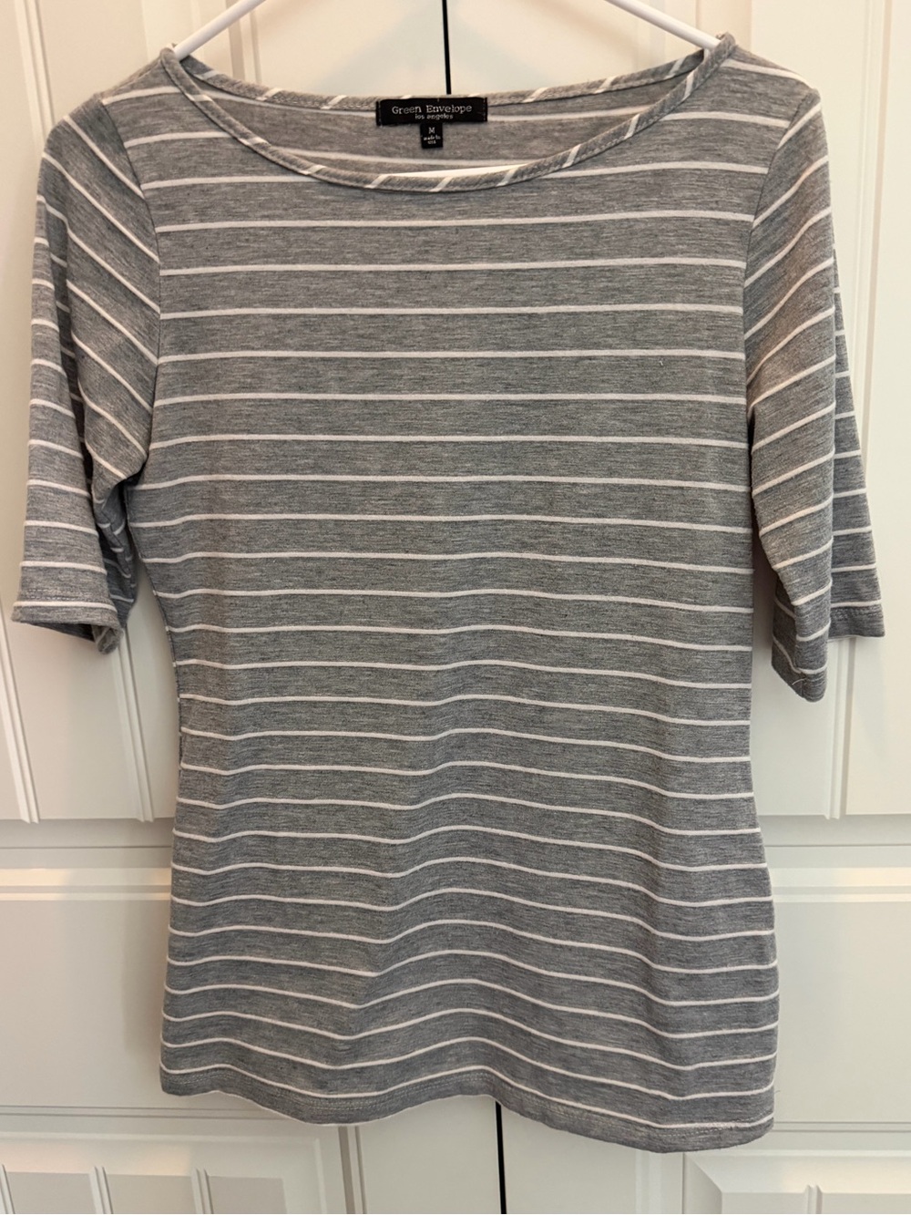Green Envelope Gray and White Striped Short Sleeve Tee
